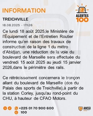 Le boulevard de Marseille à Treichville réduit à la circulation du 15 août 2025 au 15 janvier 2026 Le boulevard de Marseille à Treichville réduit à la circulation du 15 août 2025 au 15 janvier 2026