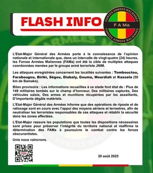 Attaques djihadiste du JNIM au Mali : plus de 149 soldats tués en 24h, l'armée malienne sous pression Attaques djihadiste du JNIM au Mali : plus de 149 soldats tués en 24h, l'armée malienne sous pression