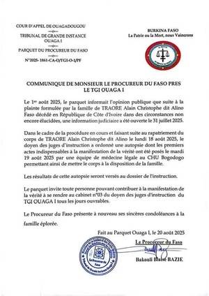 Affaire Alino Faso : l'autopsie au Burkina livre ses premiers secrets Affaire Alino Faso : l'autopsie au Burkina livre ses premiers secrets