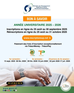 Inscriptions rentrée universitaire 2025-2026 en Côte d'Ivoire le 25 août Inscriptions rentrée universitaire 2025-2026 en Côte d'Ivoire le 25 août