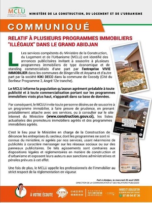 Programmes immobiliers non agréés identifiés à Abidjan : le ministère de la Construction appelle à la vigilance, la liste