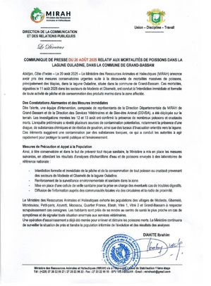 Mort de poissons dans la lagune Ouladine à Bassam : le Ministère des Ressources Animales prend des mesures Mort de poissons dans la lagune Ouladine à Bassam : le Ministère des Ressources Animales prend des mesures