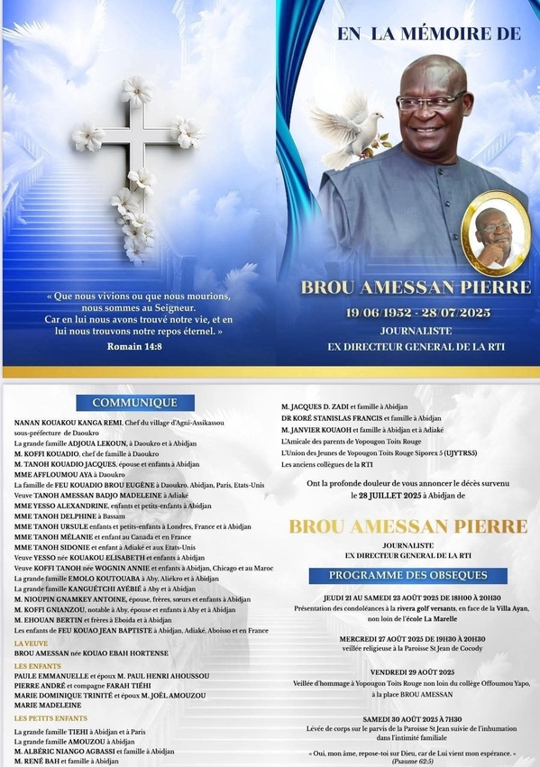 Obsèques de Brou Amessan : voici le programme officiel