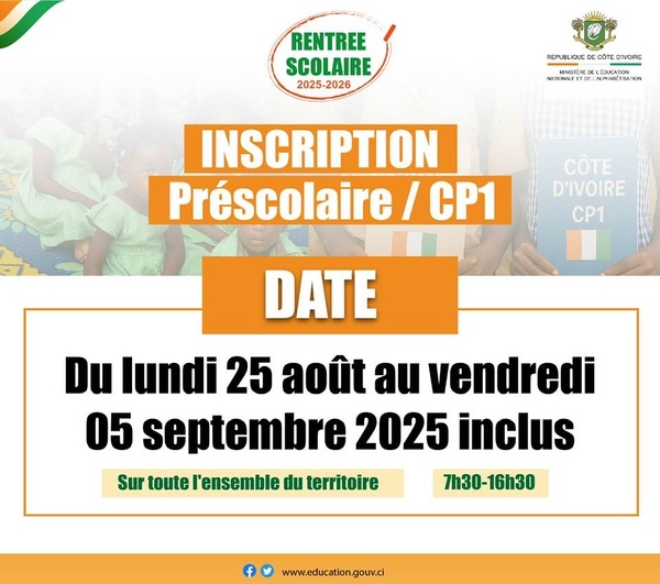 Les inscriptions CP1 et préscolaire démarrent ce lundi 25 août pour la rentrée scolaire 2025-2026 en Côte d'Ivoire © Crédit photo DR Les inscriptions CP1 et préscolaire démarrent ce lundi 25 août pour la rentrée scolaire 2025-2026 en Côte d'Ivoire © Crédit photo DR