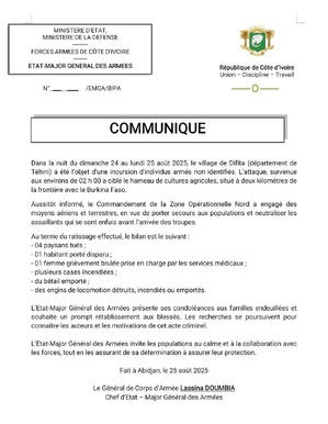 Attaque à Téhini dans le nord de la Côte d'Ivoire : 4 paysans tués à Difita, l'armée déployée