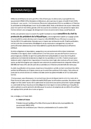 Présidentielle ivoirienne 2025 : le candidat Kévin Fiéni saisit la justice pour diffamation