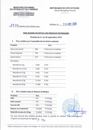 Voici les nouveaux prix de l’essence et du gazole en Côte d'Ivoire dès ce 1er septembre 2025 Voici les nouveaux prix de l’essence et du gazole en Côte d'Ivoire dès ce 1er septembre 2025