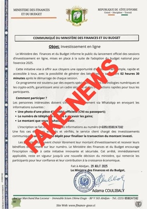 Un faux communiqué du Ministère ivoirien des Finances sur la toile : une arnaque aux investissements démasquée Un faux communiqué du Ministère ivoirien des Finances sur la toile : une arnaque aux investissements démasquée