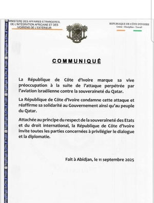La Côte d'Ivoire condamne l'attaque israélienne contre le Qatar La Côte d'Ivoire condamne l'attaque israélienne contre le Qatar