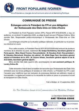 Présidentielle 2025 : une délégation de l'Ambassade des États-Unis en Côte d'Ivoire chez Affi N'Guessan Présidentielle 2025 : une délégation de l'Ambassade des États-Unis en Côte d'Ivoire chez Affi N'Guessan