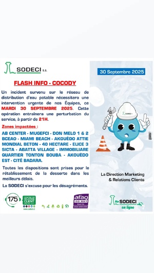 La SODECI annonce une coupure d'eau à Cocody dès 21h : Plus de quinze quartiers touchés La SODECI annonce une coupure d'eau à Cocody dès 21h : Plus de quinze quartiers touchés