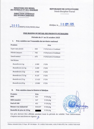 Voici le prix du carburant (super sans plomb et gasoil) en Côte d'Ivoire dès ce 1er octobre 2025 Voici le prix du carburant (super sans plomb et gasoil) en Côte d'Ivoire dès ce 1er octobre 2025