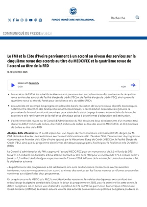 Le FMI débloque 843 millions de dollars pour la Côte d'Ivoire Le FMI débloque 843 millions de dollars pour la Côte d'Ivoire