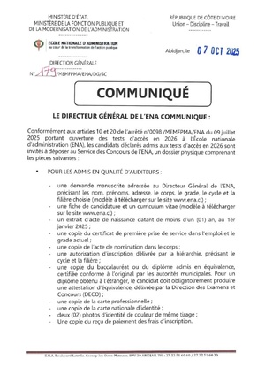 Dépôt des dossiers physiques des admis aux concours ENA 2026 en Côte d'Ivoire du 14 au 16 octobre 2025 : voici la liste des pièces à fournir Dépôt des dossiers physiques des admis aux concours ENA 2026 en Côte d'Ivoire du 14 au 16 octobre 2025 : voici la liste des pièces à fournir