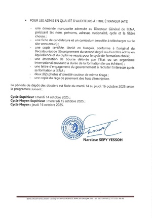 Dépôt des dossiers physiques des admis aux concours ENA 2026 en Côte d'Ivoire du 14 au 16 octobre 2025 : voici la liste des pièces à fournir