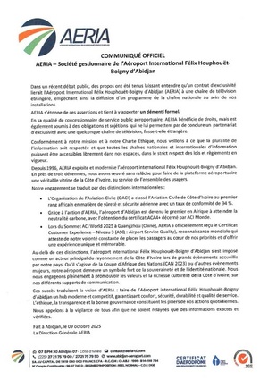 Contrat TV à l'aéroport Félix Houphouët-Boigny d'Abidjan : l'AERIA sort du silence et dément