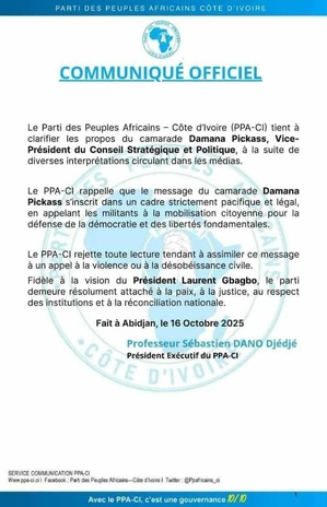 Le PPA-CI de Gbagbo désavoue Damana Pickass et rejette l'appel à la violence Le PPA-CI de Gbagbo désavoue Damana Pickass et rejette l'appel à la violence