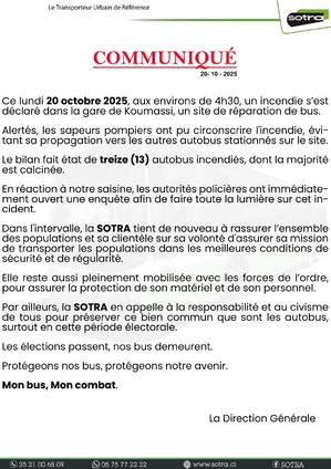 Un incendie détruit 13 bus SOTRA à Koumassi ce lundi