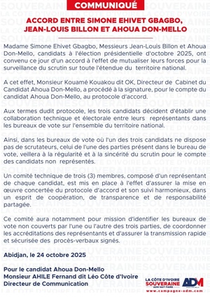 Présidentielle 2025 : Accord électoral signé entre Simone Gbagbo, Billon et Don Mello avant le vote du 25 octobre Présidentielle 2025 : Accord électoral signé entre Simone Gbagbo, Billon et Don Mello avant le vote du 25 octobre