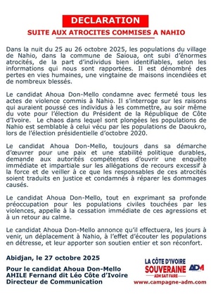 Violences à Nahio : Ahoua Don Mello condamne les atrocités et demande une enquête
