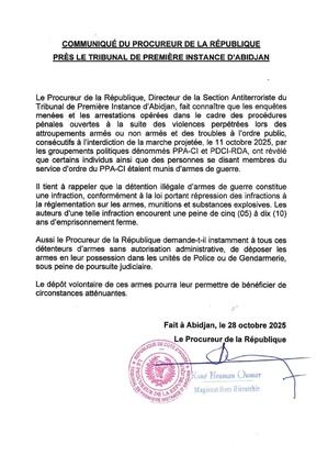 Marche interdite du 11 octobre : des militants du PPA-CI arrêtés avec des armes de guerre révèle le Procureur