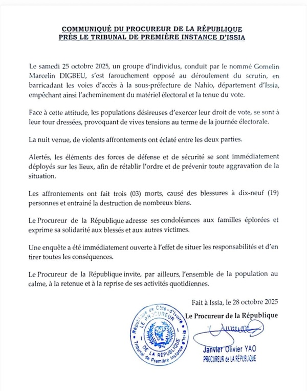 Trois morts et 19 blessés à Issia lors de la présidentielle du 25 octobre 2025 : les précisions du procureur  Trois morts et 19 blessés à Issia lors de la présidentielle du 25 octobre 2025 : les précisions du procureur