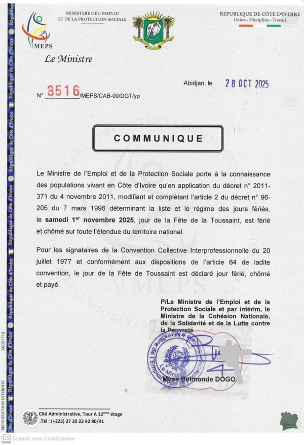 Toussaint 2025 : le 1er novembre jour férié chômé et payé en Côte d'Ivoire  Toussaint 2025 : le 1er novembre jour férié chômé et payé en Côte d'Ivoire
