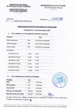 Nouveaux prix du carburant en Côte d'Ivoire : Baisse de 10 Fcfa sur le Super sans plomb pour le mois de novembre 2025 Nouveaux prix du carburant en Côte d'Ivoire : Baisse de 10 Fcfa sur le Super sans plomb pour le mois de novembre 2025