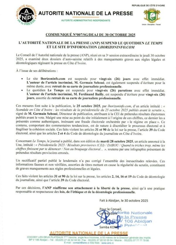 L'ANP suspend Le Temps et Lhorizoninfo pour 26 jours L'ANP suspend Le Temps et Lhorizoninfo pour 26 jours