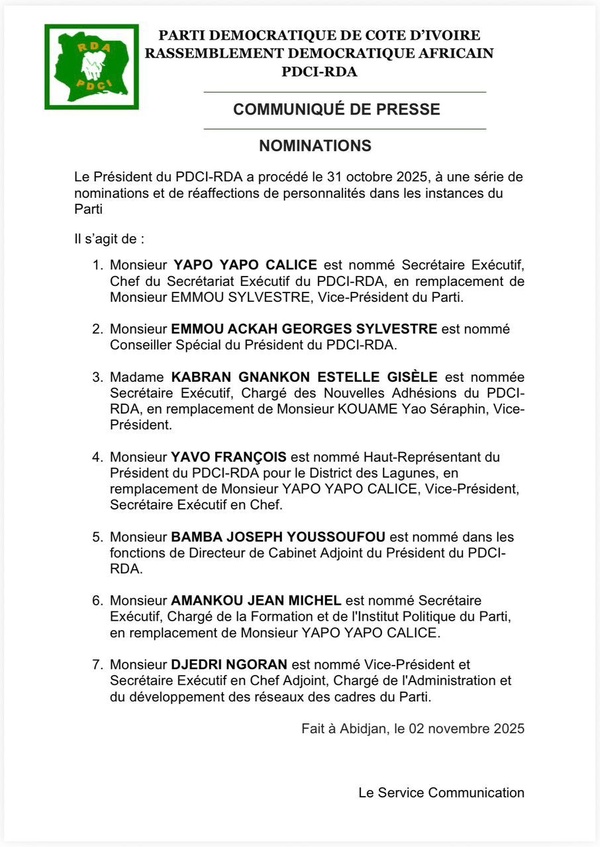 Yapo Yapo Calice nommé Chef du Secrétariat Exécutif du PDCI-RDA : il remplace Emmou Sylvestre Yapo Yapo Calice nommé Chef du Secrétariat Exécutif du PDCI-RDA : il remplace Emmou Sylvestre