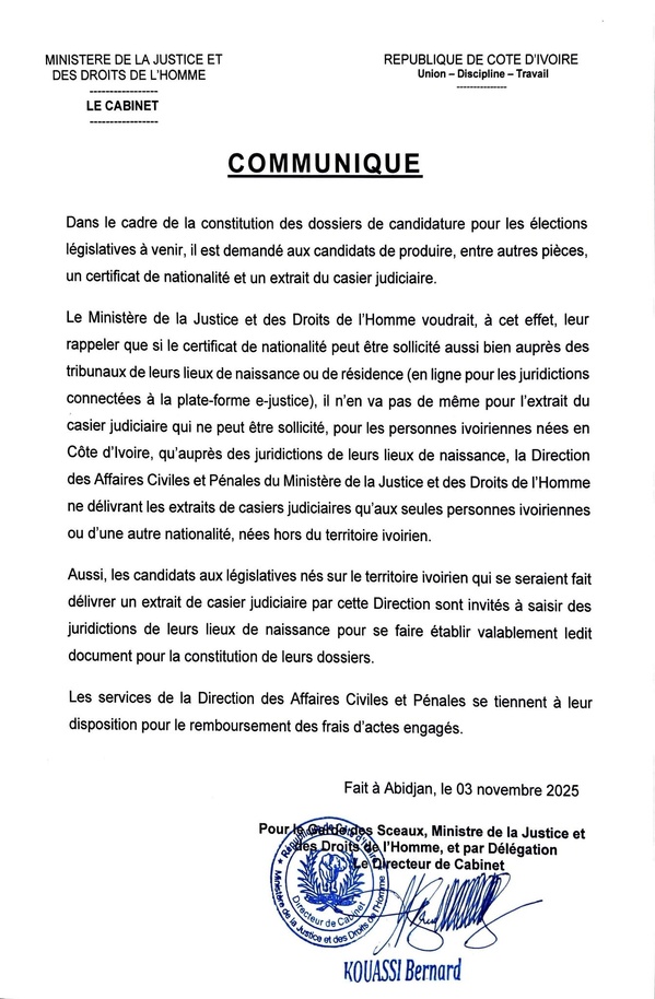 Législatives ivoiriennes 2025 : Le ministère de la Justice clarifie la délivrance du casier judiciaire Législatives ivoiriennes 2025 : Le ministère de la Justice clarifie la délivrance du casier judiciaire