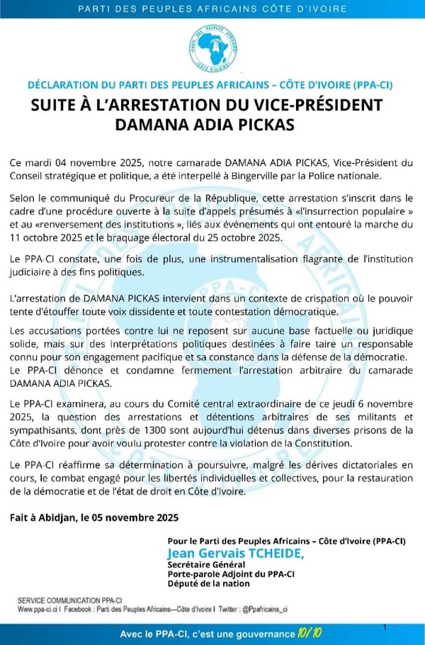 Arrestation de Damana Pickas, le PPA-CI dénonce une "instrumentalisation flagrante" de la justice