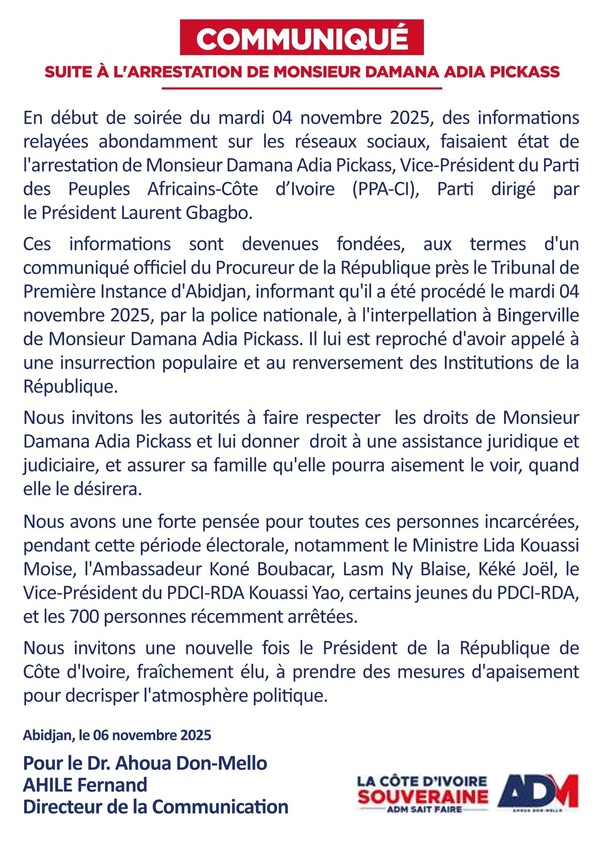 Arrestation de Damana Pickass, Ahoua Don Mello prend position