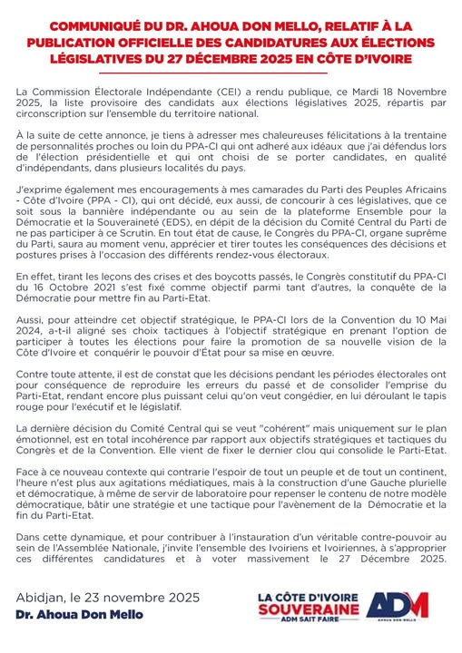 Législatives 2025 en Côte d'Ivoire, Ahoua Don Mello annonce sa candidature 