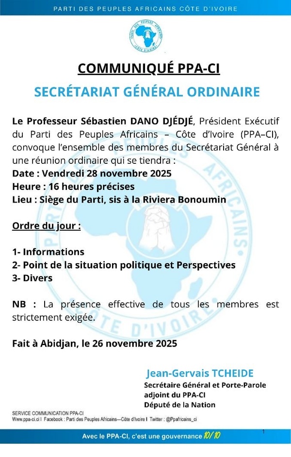 PPA-CI : Réunion du Secrétariat Général fixée ce vendredi 