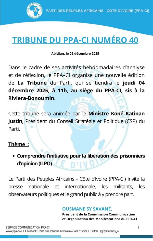 Tribune du PPA-CI ce jeudi 4 décembre : Libération des prisonniers d'opinion en débat Tribune du PPA-CI ce jeudi 4 décembre : Libération des prisonniers d'opinion en débat