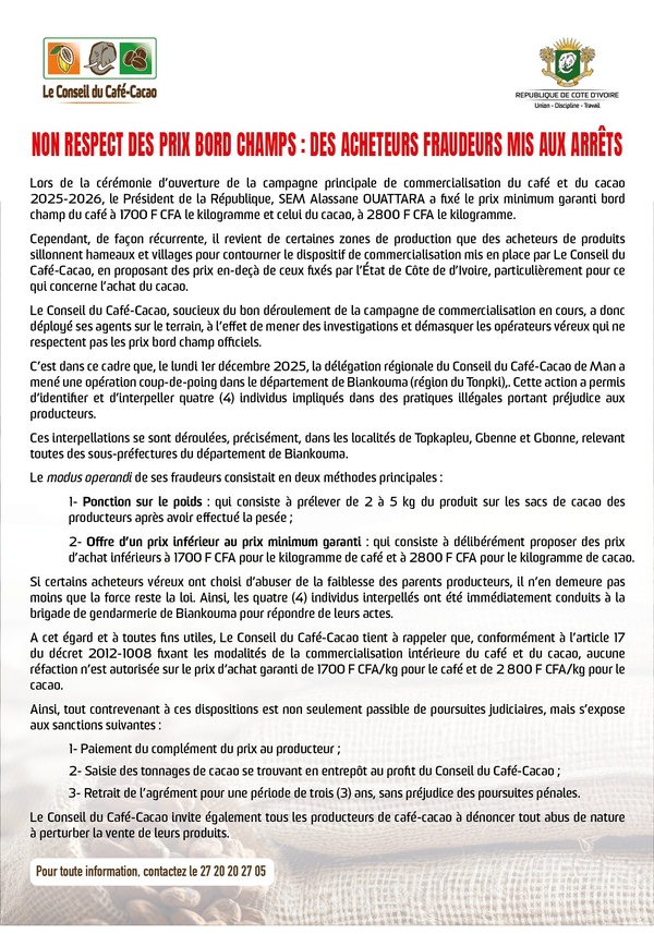 Non respect des prix du Café - cacao en Côte d'Ivoire : 4 acheteurs arrêtés dans le Tonpki Non respect des prix du Café - cacao en Côte d'Ivoire : 4 acheteurs arrêtés dans le Tonpki