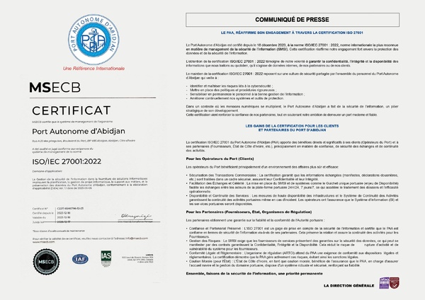 Le Port Autonome d'Abidjan certifié ISO 27001 pour son système de la sécurité de l'information Le Port Autonome d'Abidjan certifié ISO 27001 pour son système de la sécurité de l'information