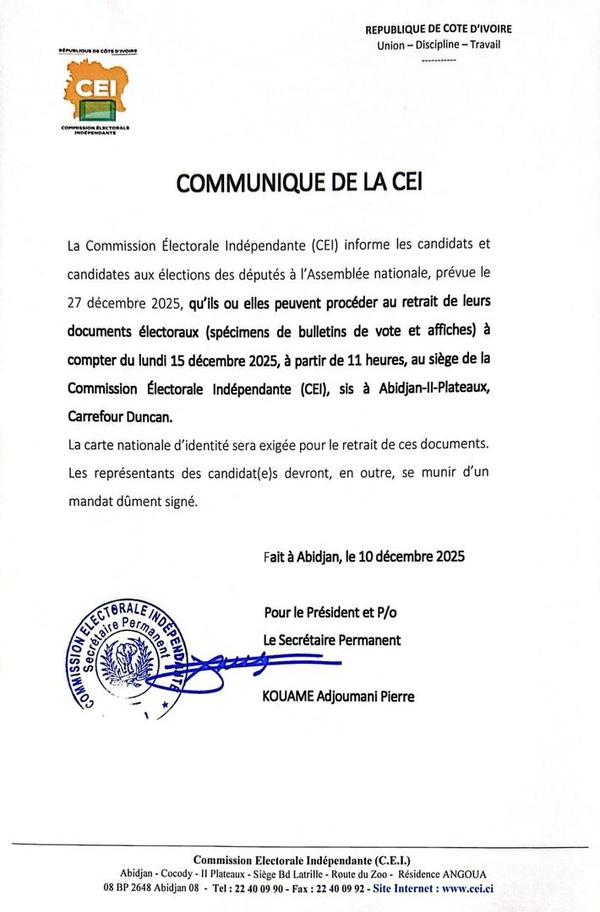 Législatives en Côte d'Ivoire 2025 : retrait documents électoraux dès lundi à la CEI Législatives en Côte d'Ivoire 2025 : retrait documents électoraux dès lundi à la CEI