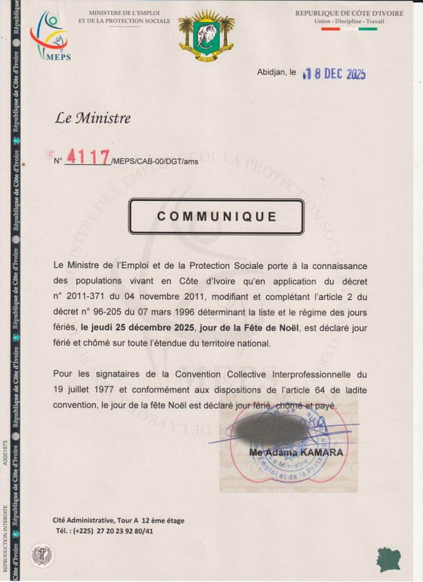 Noël 2025 en Côte d'Ivoire, jeudi 25 décembre jour férié chômé et payé