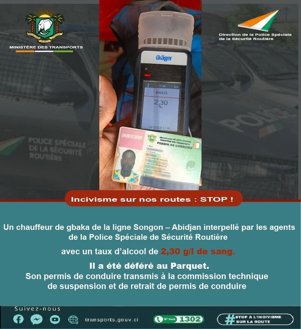 Un chauffeur de Gbaka ivre arrêté sur l'axe Songon-Yopougon 