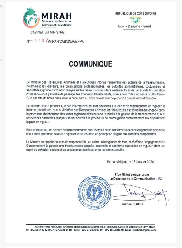 Transhumance en Côte d'Ivoire, le ministère des Ressources Animales dément l'instauration d'une taxe de 3 500 FCFA
