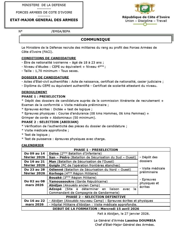 FACI - Recrutement militaire ivoirien 2026 : le CEPE demandé 