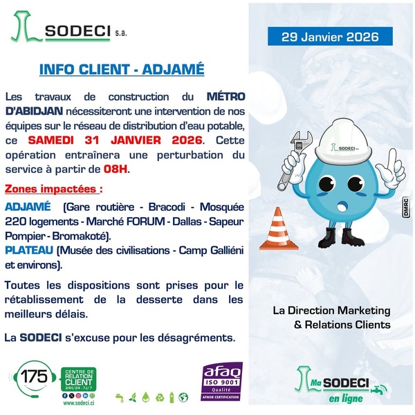 Coupure d'eau à Adjamé et au Plateau ce samedi 31 janvier Coupure d'eau à Adjamé et au Plateau ce samedi 31 janvier