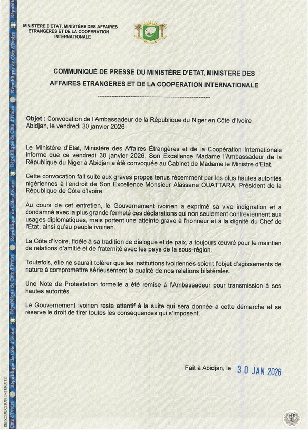 Propos contre le président Ouattara : Abidjan convoque l'Ambassadeur du Niger en Côte d'Ivoire Propos contre le président Ouattara : Abidjan convoque l'Ambassadeur du Niger en Côte d'Ivoire
