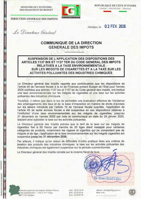 Suspension en Côte d'Ivoire du taxe environnementale sur les cigarettes