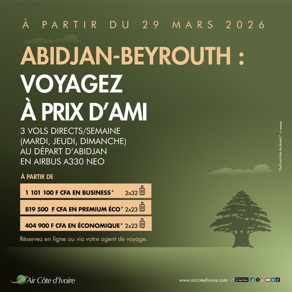 Prix des vols Abidjan-Beyrouth avec Air Côte d'Ivoire