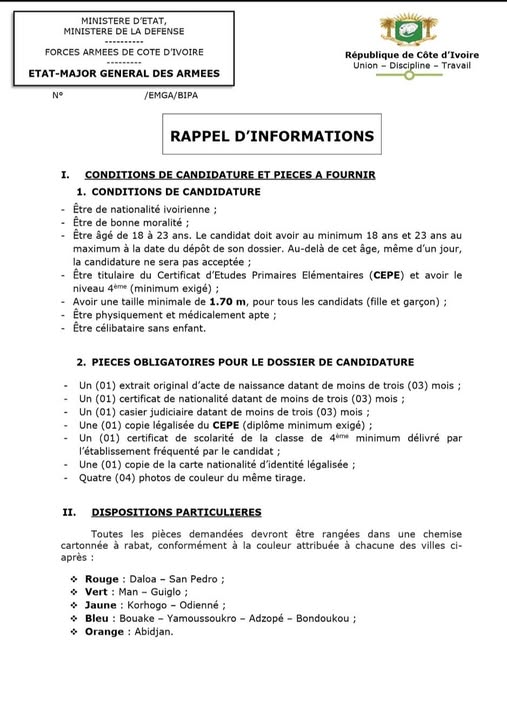 Recrutement militaire 2026 Côte d'Ivoire avec le CEPE, voici les pièces à fournir