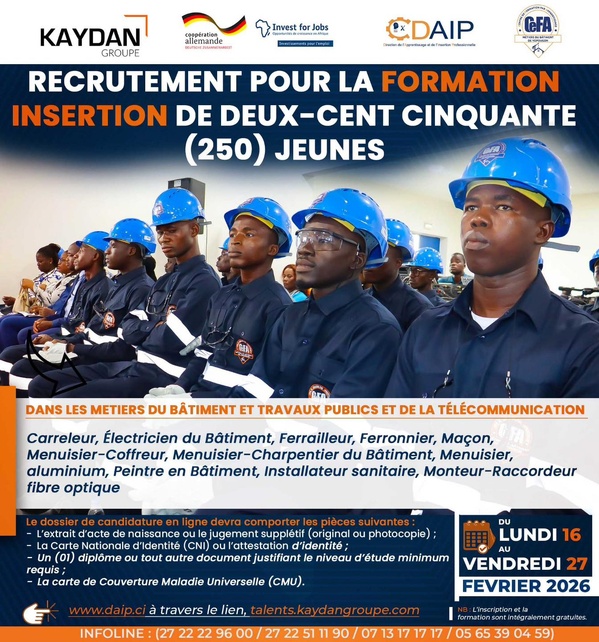 Recrutement de 250 jeunes en Côte d'Ivoire pour les métiers du BTP du 16 au 27 février © Crédit photo DR