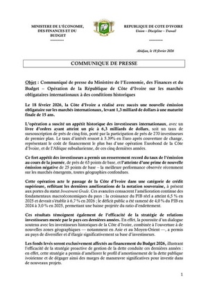 Eurobond Côte d'Ivoire 2026 : 1,3 milliard de dollars levés en février